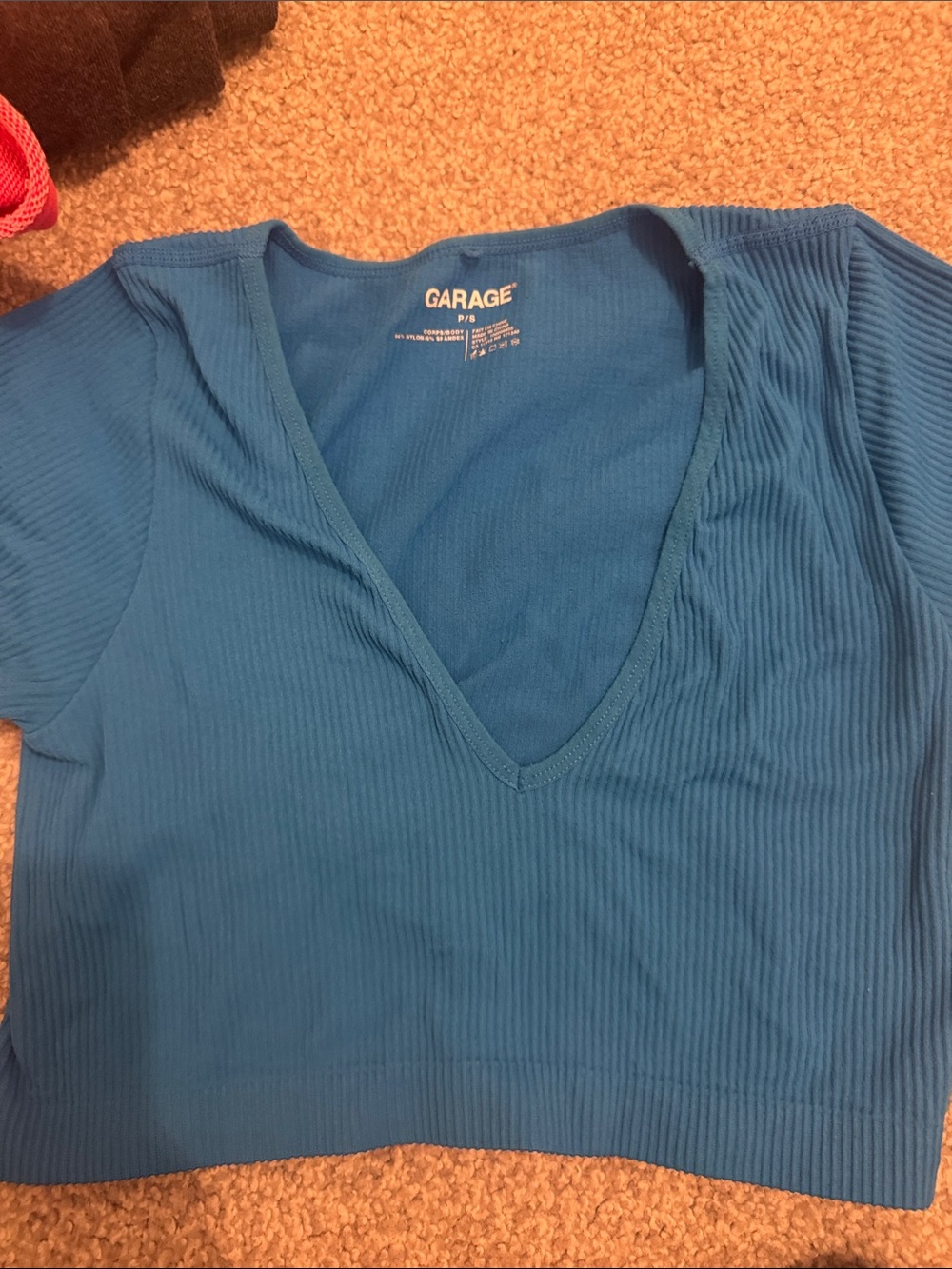 Garage Blue Ribbed V-Neck Crop Top